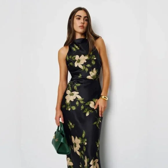 NEW Reformation Anaiis Silk Long Black Floral Backless Dress Mood for Love US 6 - Picture 15 of 16